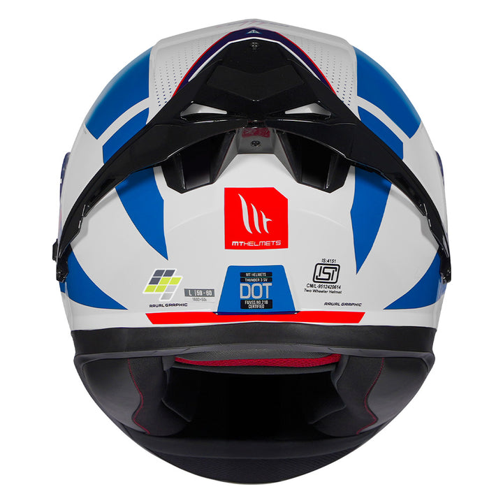 Motorcycle helmet with blue and red design on a white background