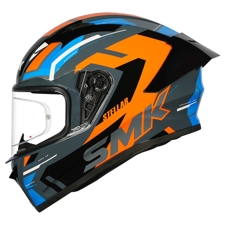 SMK Stellar Sports K Power Helmet gloss grey, blue and orange side