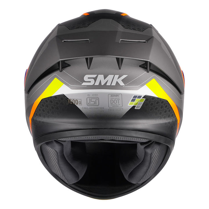 SMK Stellar Sports Flight Motorcycle Helmet grey yellow back