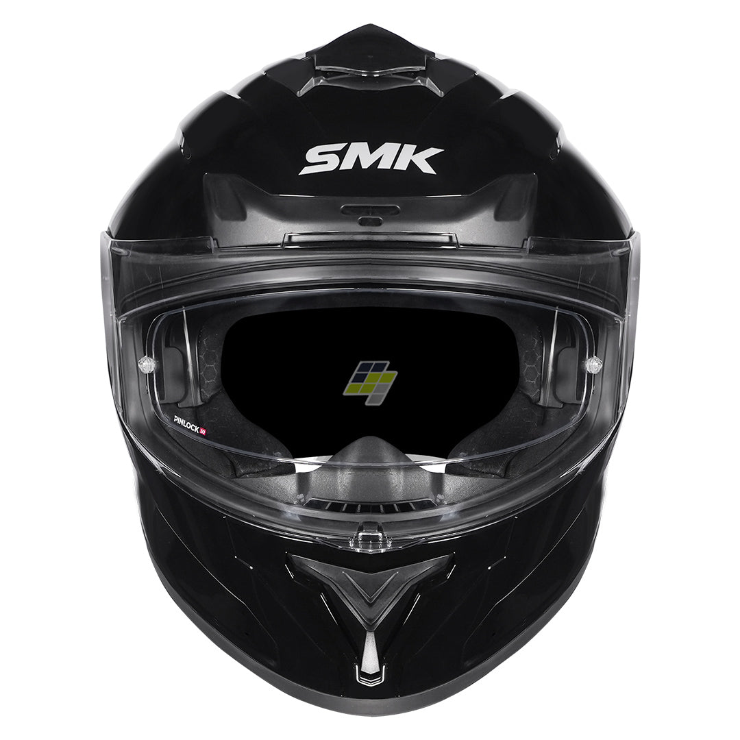 Black SMK motorcycle helmet with clear visor on a white background