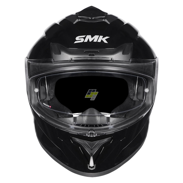 Black SMK motorcycle helmet with clear visor on a white background