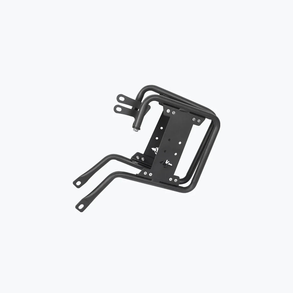 A black motorcycle saddle stay accessory designed to hold extra luggage.